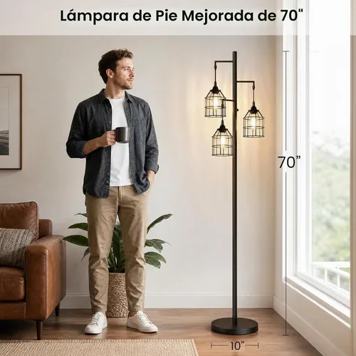 Vista 6 de Sucolite Lámpara de Pie Regulable de 70" para Sala de Estar, Lámpara de Pie Industrial de Árbol de 3 Luces Negra con Jaulas, Lámpara de Pie Alta