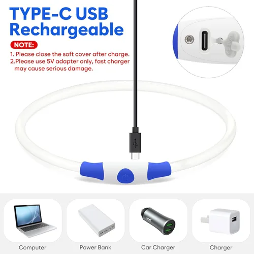 Vista 3 de HIGO Collar de perro con luz LED, recargable por USB, que brilla en la oscuridad, collar de seguridad para mascotas cortable de TPU para pasear Azul