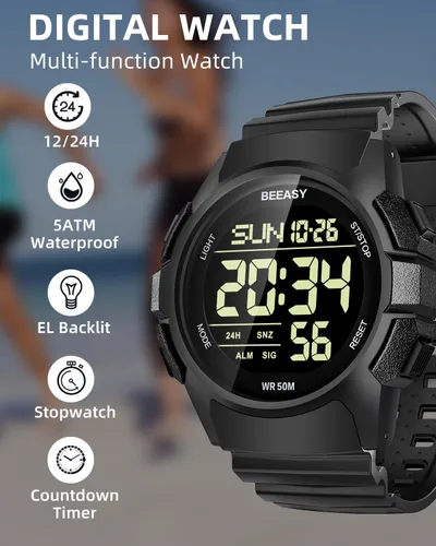 Vista 2 de Beeasy Men Digital Sports Watch,Waterproof Watch with Stopwatch Countdown Timer Alarm Function Dual Time Rubber Strap Wrist Watch for MenStudent