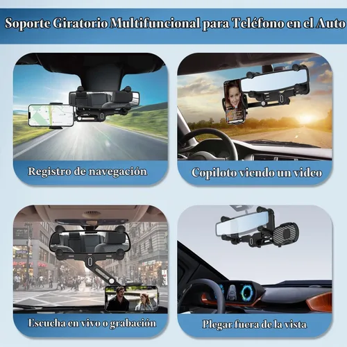 Vista 5 de Soporte de teléfono de coche para espejo retrovisor, giratorio 360° y retráctil, se adapta a teléfonos inteligentes de 4.0 a 7.0 pulgadas, espejo