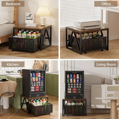 Vista 7 de Urban Deco Mini soporte para refrigerador con almacenamiento, carrito de refrigerador resistente con cesta de cajón, mini mesa de refrigerador