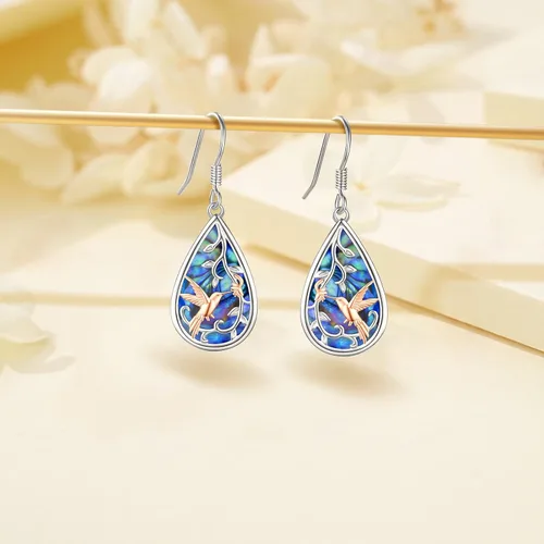 Vista 84 de Aretes colgantes de plata de ley con diseño de árbol de la vida, flor, abeja, animales, gato, colibrí, piedra lunar, turquesa, aretes con cierre