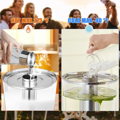 Vista 2 de Dispensador de bebidas de 2 galones con soporte, dispensadores de bebidas para fiestas, dispensadores de jugo de acero inoxidable con tubo de hielo