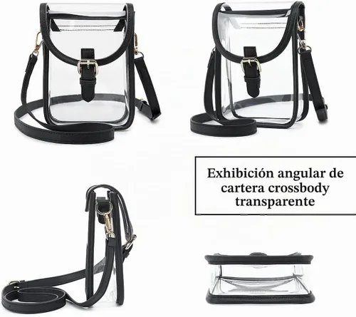 Vista 6 de FAIME Pequeña bolsa transparente aprobada para estadios, bolsa cruzada transparente para teléfono celular con correa ajustable para conciertos Negro