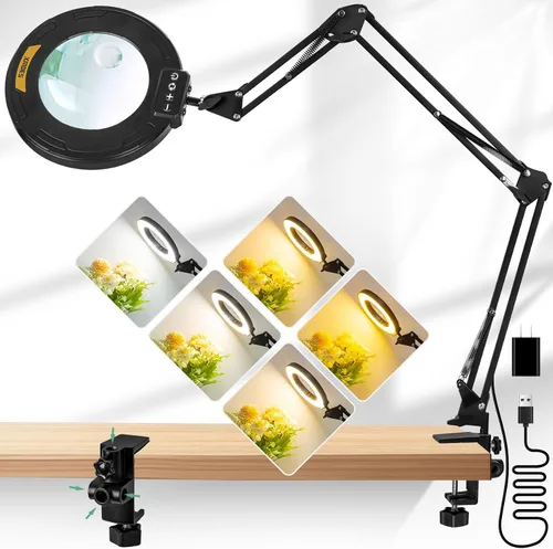 Vista 11 de Lupa 12X con luz con abrazadera, brazo largo extendido de 35.2 pulgadas Overhead Button Magnifier Lamp 4.2in Real Glass, Adjustable