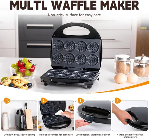 Vista 3 de Mini waflera, máquina antiadherente pequeña para hacer gofres con calentamiento rápido, hace 8 waffles, waflera para niños, solo tienes que añadir