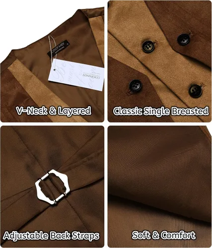 Vista 5 de COOFANDY Chaleco de cuero de ante para hombre, estilo en capas, chaleco de vestir