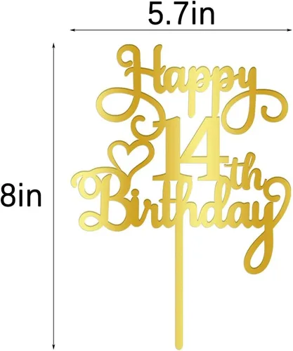Vista 4 de Decoración de pastel de cumpleaños número 14, decoración acrílica dorada de doble cara, para decoración de pastel de feliz cumpleaños 14, decoración
