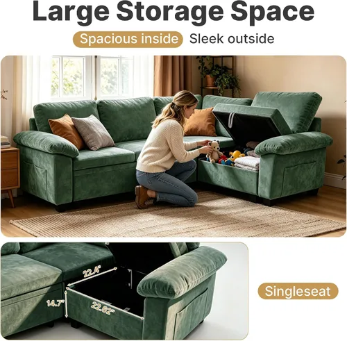 Vista 4 de 86" L-Shaped Sectional Sleeper Couch, Modular Pull-Out Storage Sofa Bed Green