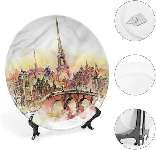 Vista 4 de XISUNYA Plato decorativo de 6 pulgadas, placa de cerámica de la Torre Eiffel, impresión de paisaje urbano de Francia, para colgar en la pared