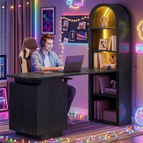 Vista 5 de YITAHOME Escritorio para computadora de 59 pulgadas con luces LED y tomas de corriente, escritorio de oficina en casa con estantería, cajón de Negro