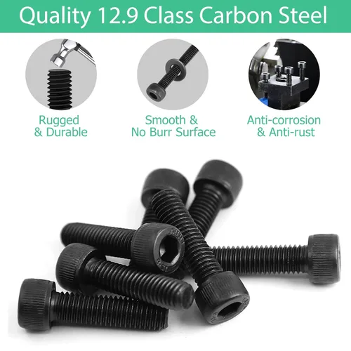 Vista 4 de 130 tornillos de cabeza hexagonal M3x4mm, acero al carbono de grado 12.9, acabado de óxido negro, roscas completas, llave Allen, con llave hexagonal
