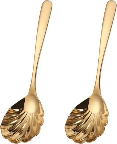 Vista 11 de Gold - Juego de 2 cucharones de sopa de acero inoxidable 18/10 de alta calidad con diseño artístico en forma de concha, cucharón pequeño de 9