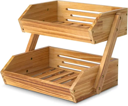 Vista 9 de Cesta de frutas de 2 niveles para cocina, soporte de bambú para almacenamiento de frutas y verduras para encimera de cocina, cesta de productos