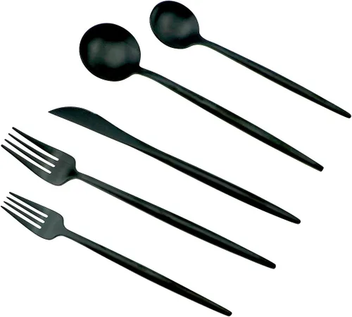 Vista 2 de JASHII 18/10 mate negro cubiertos de acero inoxidable 5 piezas Set, cuchillo tenedor ensalada tenedor postre cuchara de la cena, servicio de 1, lujo