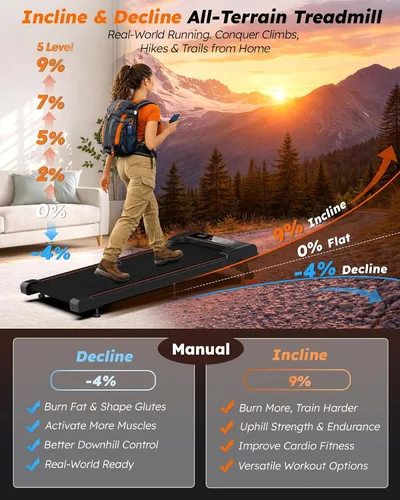 Vista 2 de Walking Pad with Incline 9% & Decline -4% 5 Level, Under Desk Treadmill Negro