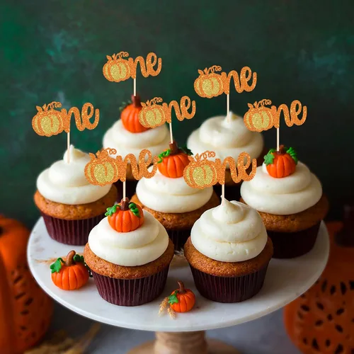 Vista 4 de Rsstarxi Paquete de 24 decoraciones de calabaza con purpurina para cupcakes de primer cumpleaños, decoración de pastel de calabaza para el primer