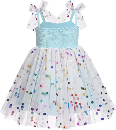Vista 2 de IMEKIS Vestido de princesa de cumpleaños para niña pequeña, confeti brillante, bohemio, arco iris, pastel, sesión de fotos, traje para 1-6T