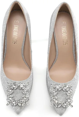 Vista 4 de DREAM PAIRS Zapatos de vestir de novia con punta cerrada para mujer, tacón de aguja brillante y sexy con punta puntiaguda