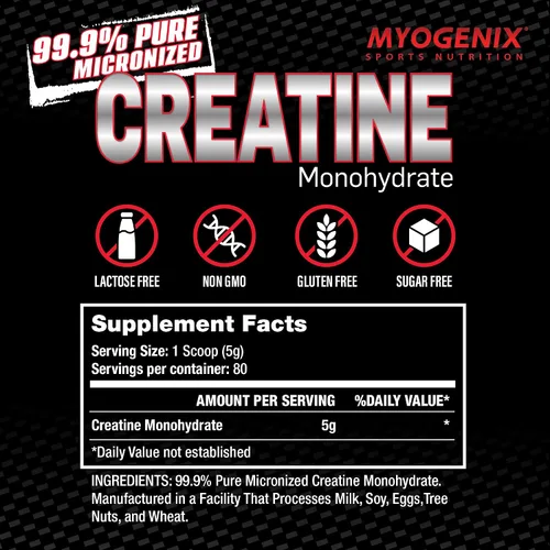 Vista 7 de Myogenix Monohidrato de creatina, polvo de creatina pura para fuerza y resistencia, apoya la producción de ATP y la fuerza muscular, sin aditivos