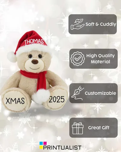 Vista 2 de Oso de Navidad Personalizado 2025 – Osito de Peluche Beige Personalizado de 8.5 pulgadas con Sombrero y Bufanda – Lindo Oso Navideño con Tu Nombre
