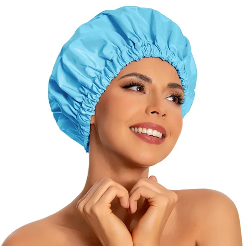 Vista 27 de Gorro de ducha reutilizable para mujer, grande, impermeable, lavable, banda elástica, accesorios de baño, sombrero para cabello largo, trenzas Beige