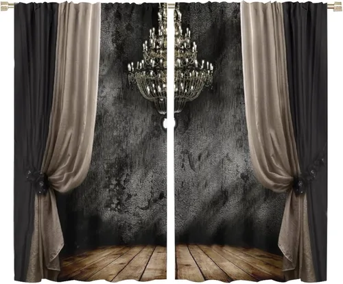 Vista 30 de Cortinas opacas góticas, diseño de calavera de terror de palacio retro, fondo de rosas rojas, sala de estar, dormitorio, cocina, cortinas de ventana