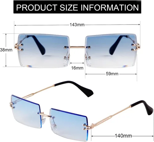 Vista 5 de SORVINO Lentes de sol rectangulares sin montura para mujeres y hombres, a la moda, color rosa transparente, lentes tintados azules sin marco