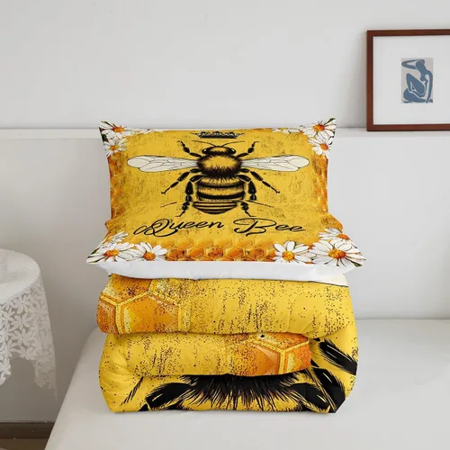 Vista 5 de Erosebridal Juego de edredón vintage de abeja para mujer, juego de ropa de cama rústica de margaritas tamaño individual, relleno de edredón de abeja