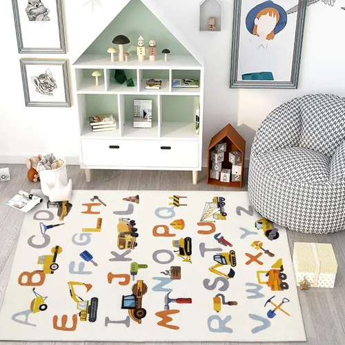 Vista 3 de Alfombra de construcción ABC de 3 x 5 pies para niños, alfombra de juego del alfabeto, alfombra de camión para dormitorio, juego de letras