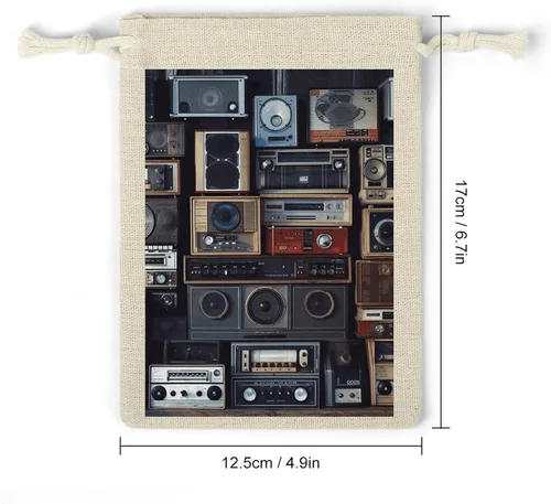 Vista 2 de KLJHNVBM 8-Pack Drawstring Bags, 4.9x6.7 Inch Cotton Linen Small Pouches, Reusable Washable Small Storage Bag Vintage Wall of Radio Boombox Gift Bag