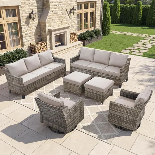 Vista 70 de Belord Sofá de patio exterior acolchado de 3 asientos de lujo de 6 pulgadas Cojín de mimbre marrón/beige de 6 pulgadas