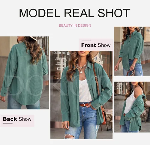 Vista 4 de Dokotoo Womens Corduroy Button Down Shirts Boyfriend Long Sleeve Oversized Blouses Tops