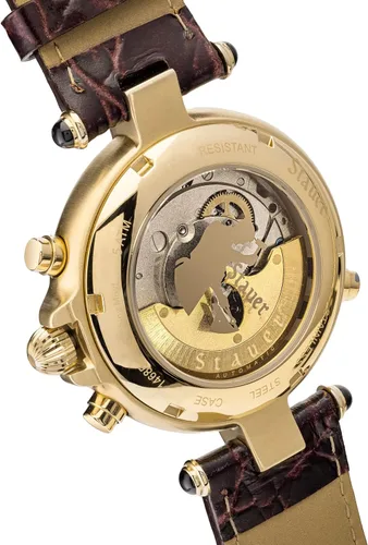 Vista 2 de Stauer Reloj de pulsera Graves '33 con acabado dorado – Reloj automático para hombre con carcasa dorada de 1.535 in – Reloj de fase lunar con correa