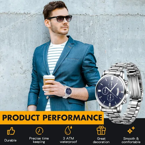 Vista 7 de Outus Juego de 6 relojes para hombre, correa de acero inoxidable, relojes de pulsera de cuarzo para hombres y niños, regalos de negocios, vestido