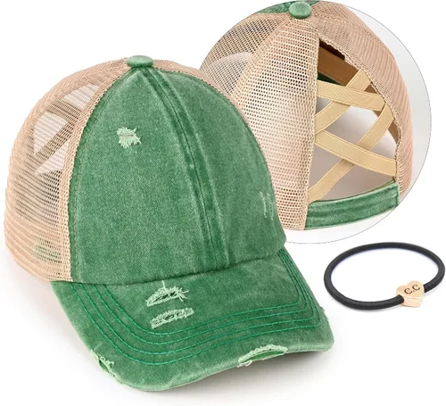 Vista 12 de C.C Gorra de béisbol de malla con diseño de estrella brillante, gorra de camionero ajustable para moño o cola de caballo Una banda elástica-negro