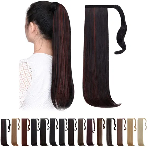 Vista 40 de Extensiones de cola de caballo negras, colas de caballo rizadas con clip, 22 pulgadas, 3.5 onzas, extensión de cabello sintético envolvente del pelo