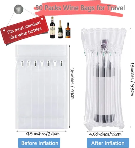 Vista 3 de Bolsas protectoras de viaje para botella de vino, 50 bolsas de aire de embalaje con bomba de inflado de aire, transparente