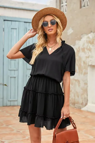 Vista 3 de Dokotoo Vestido de manga corta con cuello en V y volantes para mujer, para primavera y verano, 2025, elegante, mini falda corta