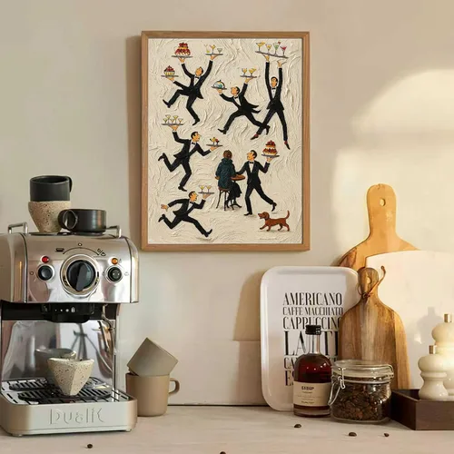 Vista 4 de Divertido arte de pared de cocina Servers In A Restaurant Poster Food Drinks Print Painting Vintage Pintura al óleo Impresiones Estéticas Retro