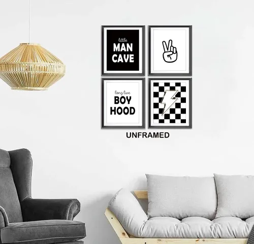 Vista 2 de Pósters Retro de Cueva del Hombrecito Preppy a Cuadros Rayo Signo de Paz Larga Vida a la Niñez para Habitación de Niño Adolescente Decoración