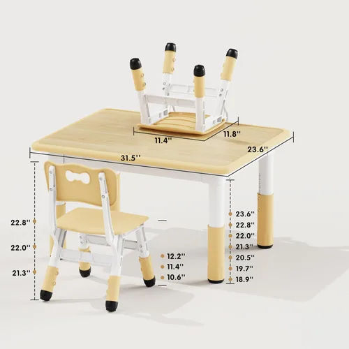 Vista 8 de Brelley - Juego de mesa y 2 sillas para niños, escritorio infantil ajustable en altura de 31.5" L x 23.6" W y juego de sillas, escritorio con diseño