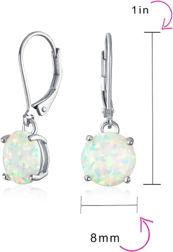 Vista 4 de Aretes clásicos con forma de círculo, solitario, fuego, naranja, rosa, azul, blanco, ópalo colgante, palanca, para mujeres y adolescentes, plata