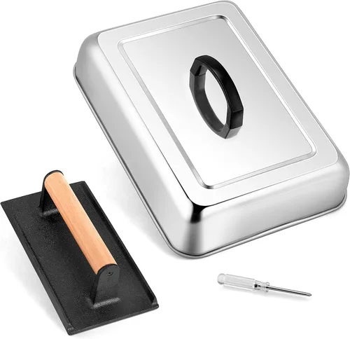 Vista 8 de HaSteeL Cúpula de fusión de 13 x 9.75 pulgadas y prensa de hamburguesa de 7 pulgadas, cubierta de vapor rectangular con prensa de tocino, accesorios