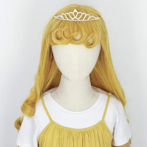 Vista 5 de M MISS U HAIR Missuhair - Peluca larga de princesa para niños, peluca rizada amarilla dorada para disfraz de niña pequeña con corona para fiesta