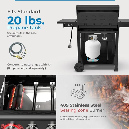 Vista 6 de Kenmore Parrilla de gas propano para barbacoa, 5 quemadores con quemador lateral y zona de sellado, parrilla de acero inoxidable de 644 pulgadas