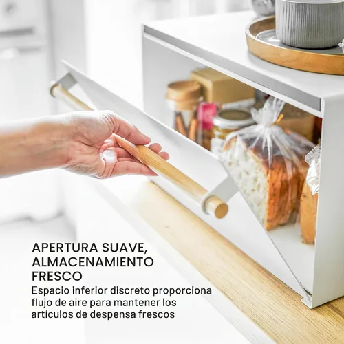 Vista 6 de YAMAZAKI Caja de Pan Moderna para el Hogar – Contenedor de Almacenamiento de Pan de Acero + Madera para Encimera, Caja de Pan Grande Blanca
