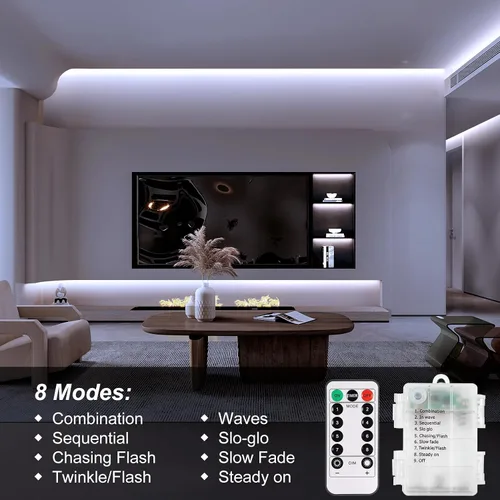 Vista 6 de echosari 2 piezas de tiras de luces que funcionan con pilas, 9.8 pies 90 luces LED autoadhesivas con control remoto y temporizador, tira de luz