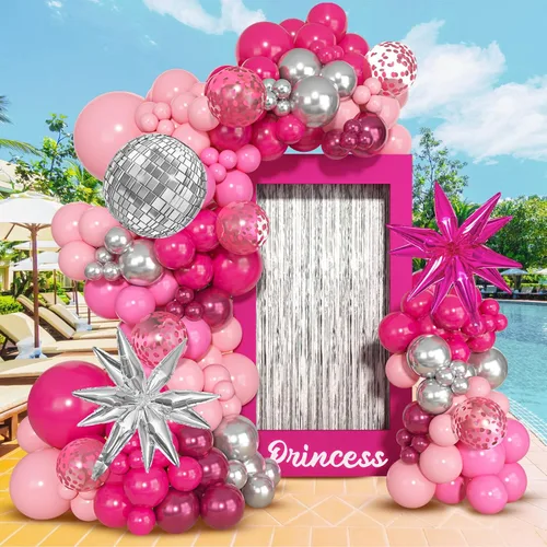 Vista 7 de Kit de arco de guirnalda de globos de princesa rosa y plateado de 143 piezas