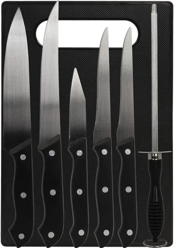 Vista 5 de CK6PC E4DGCK6PC - Juego de cuchillos de 5 piezas con tabla de cortar y acero para afilar con afilador manual Deco Essentials de 3 ranuras y guantes